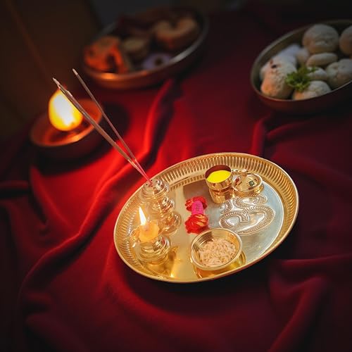 Brass Puja Thali Set Pooja Plate with Bowl, Diya, Kumkum & Incense Holder (Dia 8 inch)