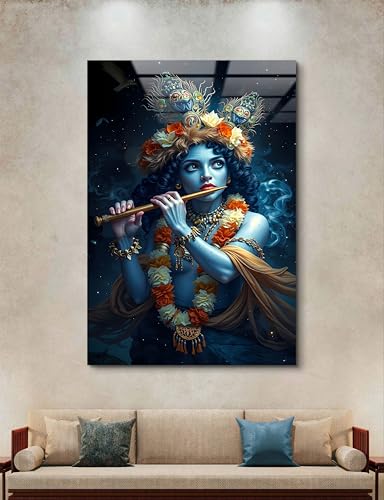 Divine Krishna Playing the Flute Glass Wall Art, Mystical Hindu God Tempered Glass Print, Spiritual Wall Decor, Indian Mythology Modern Artwork, Ready to Hang Meditation Room Decor, Ultra Large Size Options, Unique Housewarming Gift (31.4" x 47.2" İnches)
