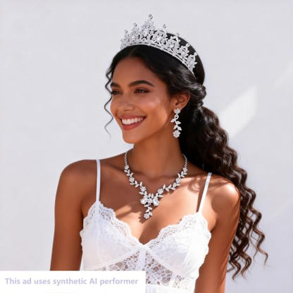 Kamirola Tiaras and Crowns for Women,Tiaras Earrings Necklace, Crystal Bridal Jewelry Set, Costume Party Halloween Prom Pageant Jewelry for Women(TR45) - color: Silver