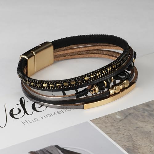 Fesciory Leather Wrap Bracelets for Women, Boho Western Layered Jewelry - color: Black 7