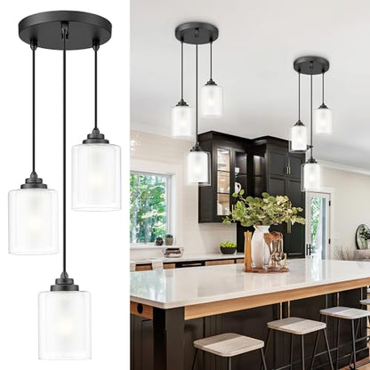 TENGXIN 3-Light Matte Black Pendant Lights Kitchen Island, Dual Glass Shade - color: Matte Black, Dual Glass, size: 4", 3-Light