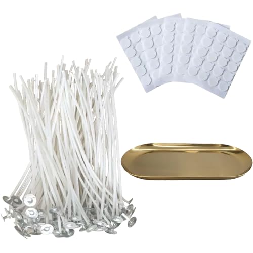 6 inch Pre-Waxed Candle Wicks - 100 Pcs Wicks with 100 Wick Stickers & 1 Gold Tray Holder, Low Smoke Wicks for DIY Candle Making, Soy Wax, Beeswax, Coconut Wax (Gold, 7) - color: Gold, size: 7