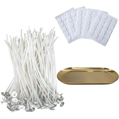 6 inch Pre-Waxed Candle Wicks - 100 Pcs Wicks with 100 Wick Stickers & 1 Gold Tray Holder, Low Smoke Wicks for DIY Candle Making, Soy Wax, Beeswax, Coconut Wax (Gold, 9) - color: Gold, size: 9