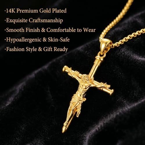 ROMANTICWORK Cross Pendant Necklace 14k Gold Plating Christian Crucifix Necklace Religious Confirmation Jewelry Gifts for Men Women - color: Jesus Cross