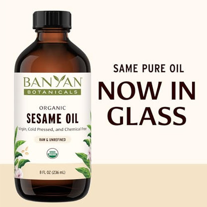 Banyan Botanicals Sesame Oil – Organic & Unrefined Sesame Oil for Skin, Body, Hair & More – Multiple Sizes – 8 oz – Non GMO Sustainably Sourced Vegan - size: 8 Fl Oz