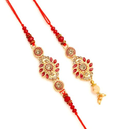 Premium Designer Bhaiya Bhabhi Rakhi Set with Lumba, Greeting Card, Roli Chawal & Fridge Magnet - color: Design-1