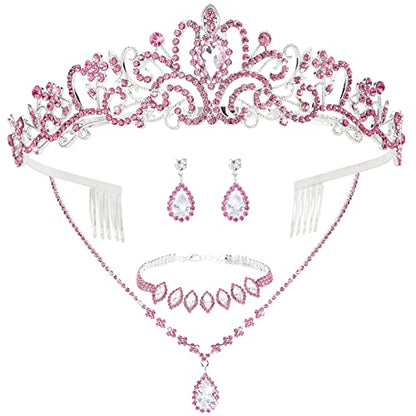 CIEHER 4/5 Pieces Women Jewelry Set - Rhinestone Crown + Drop Necklace + Elegant Bangle Bracelet + Crystal Teardrop Dangle Earrings for Bridal Wedding Party - color: Pink