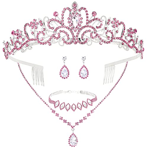 CIEHER 4/5 Pieces Women Jewelry Set - Rhinestone Crown + Drop Necklace + Elegant Bangle Bracelet + Crystal Teardrop Dangle Earrings for Bridal Wedding Party - color: Pink