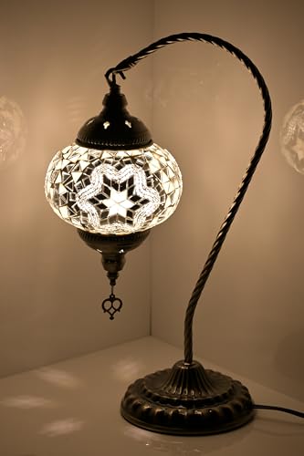 GOGERS Swan Neck Turkish Moroccan Lamp Handmade Stained Mosaic Glass Vintage Lamp Shade Bohemian Tiffany Style Bedside Night Lamp Lighting for Bedroom Living Room (White1) - color: White1
