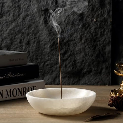Koville Natural Marble Incense Holder, Incense Holder for Sticks with 9 Holes, Handmade Incense Burner Ash Catcher for Meditation Yoga SPA, Balsam Fir/Palo Santo/Sage/Cone (White) - color: D=150-white
