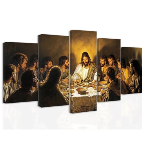 CCWORKERRY The Last Supper Canvas Art 5 Piece Christian Pictures Wall Decor Jesus Painting Religious Posters Bedroom Living Room Decor Framed(Gold,16"x24"x2 16"x32"x2 16"x40"x1) - color: Gold, size: 16"x24"x2 16"x32"x2 16"x40"x1