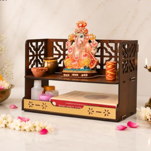 Compact Wooden Pooja Mandir for Home & Office | Small Table Top & Wall Mounted Wooden Temple Stand with Golden Acrylic Elegance | Devghar (H-8 x L-12 x W-5.5 Inch)