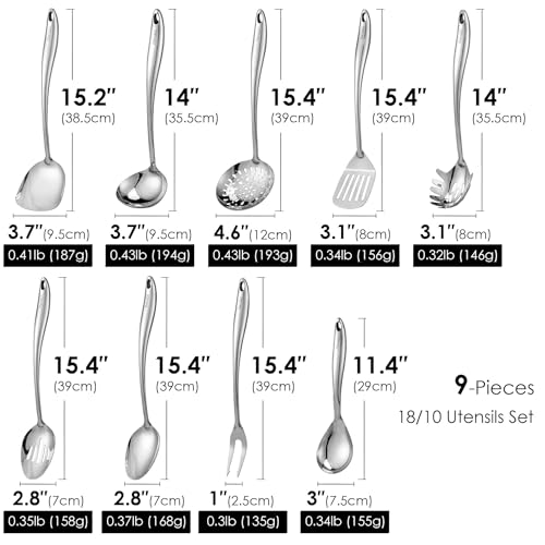 304 Stainless Steel Kitchen Utensil Set - 9 PCS Serving Utensils, Cooking Utensil, Solid Spoon, Slotted Spoon, Fork, Spatula, Ladle, Skimmer Spoon, Slotted Spatula Tunner, Spaghetti Spoon, Large Spoon - color: Sliver