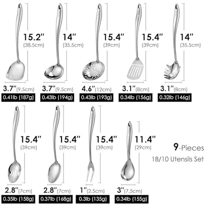 304 Stainless Steel Kitchen Utensil Set - 9 PCS Serving Utensils, Cooking Utensil, Solid Spoon, Slotted Spoon, Fork, Spatula, Ladle, Skimmer Spoon, Slotted Spatula Tunner, Spaghetti Spoon, Large Spoon - color: Sliver