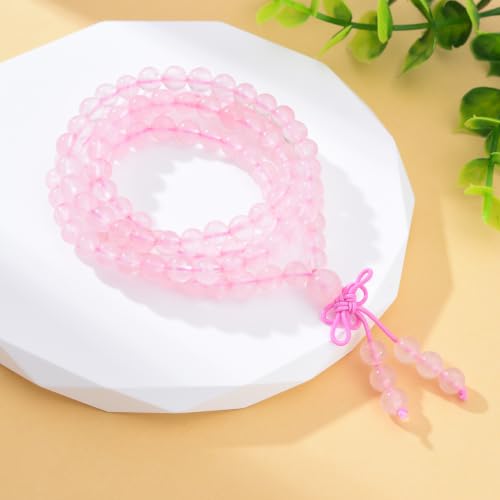 108 Mala Beads Stretch Bracelet 6mm Natural Gemstone Prayer Beaded Necklace - color: Rose Quartz