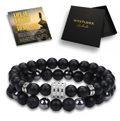 Mens Beaded Bracelets, Cross Bracelet for Men with Hematite Black Obsidian Lava Stone Triple Protection Bracelets for Men - size: Medium, style: Halo