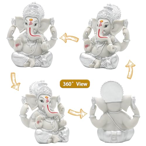 alikiki Hindu God Lord Ganesha Statue - 5.6" H Silver Toned Indian God Ganpati Idol Murti for Diwali Pooja Decor Mandir Temple Home Altar Office Shrine Puja Item Wedding Spiritual Decors