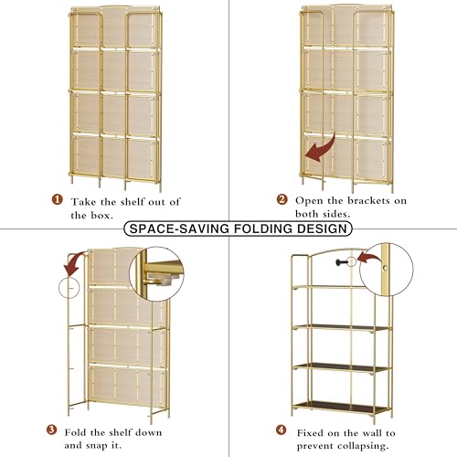 Crofy 4-Tier Wider Foldable Bookshelf, Gold Frame & Walnut Shelves - color: Gold Frame & Walnut Shelf, size: 4 Tier Wider
