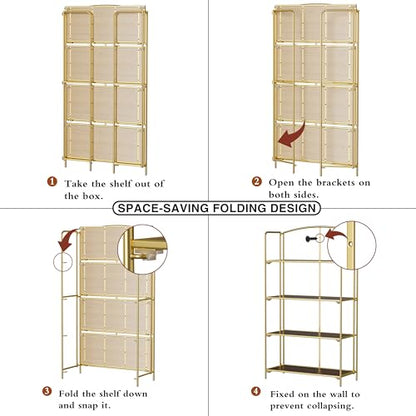Crofy 4-Tier Wider Foldable Bookshelf, Gold Frame & Walnut Shelves - color: Gold Frame & Walnut Shelf, size: 4 Tier Wider