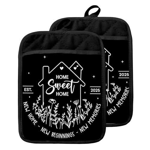 Housewarming Gifts Pot Holders with Pockets, House Warming Gifts Ideas, Home Sweet Home Oven Pot Holders Heat Resistant Oven Mitts Hot Pads for Kitchen Baking Cooking - color: Black Sweet Home-a