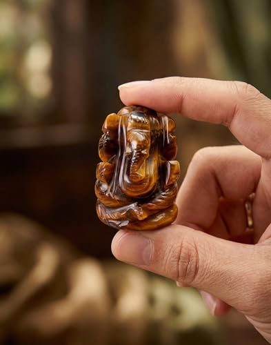 Natural Tiger Eye Stone Ganesha Statue Pocket Ganesh Car Dash Board Handcarved Tiger Eye Ganesh Statue - color: Tiger Eye Ganesh