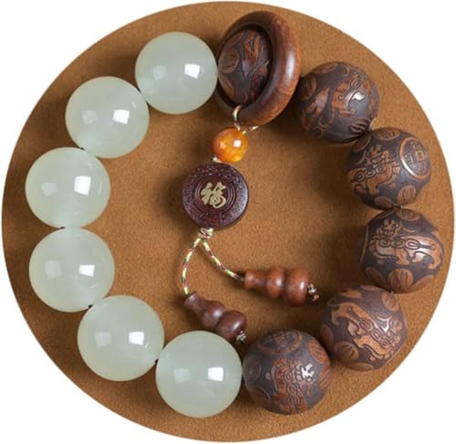 Pear Wood Buddha Beads Mala Bracelet Hand Carved Wooden Beads with Luminous Jade Lucky Charms Wealth Attracting Buddhist Prayer Bracelet for Men and Women Healing Energy Running Ring - color: Brown and green