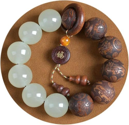 Pear Wood Buddha Beads Mala Bracelet Hand Carved Wooden Beads with Luminous Jade Lucky Charms Wealth Attracting Buddhist Prayer Bracelet for Men and Women Healing Energy Running Ring - color: Brown and green