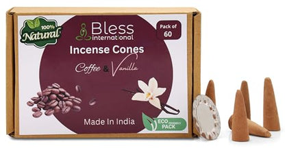 Bless International Coffee and Vanilla 100%-Natural-Incense-Cones Handmade-Hand-Dipped Organic-Chemicals-Free for-Purification-Relaxation-Positivity-Yoga-Meditation The-Best-scents (60 Count)