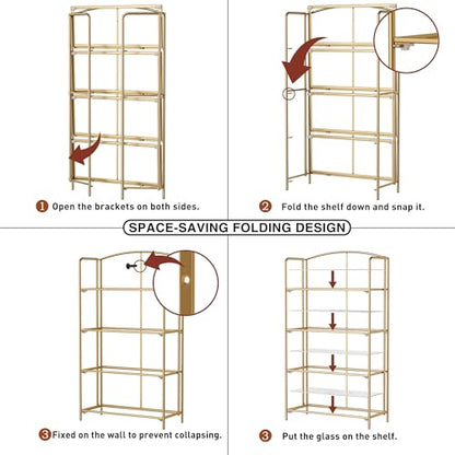 Crofy 4-Tier Wider Foldable Bookshelf, Gold Frame & Transparent Shelves - color: Gold Frame & Transparent Shelf, size: 4 Tier Wider