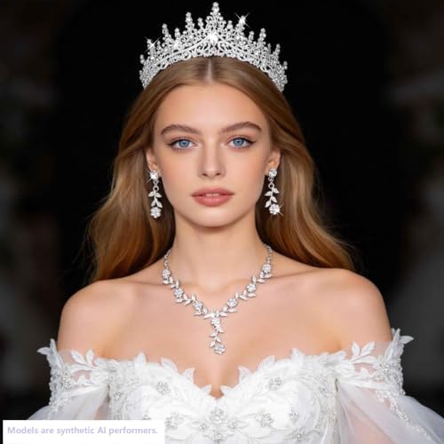 Kamirola Tiaras and Crowns for Women,Tiaras Earrings Necklace, Crystal Bridal Jewelry Set (TR48) - color: Silver