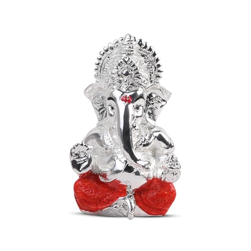 Meezo Hindu Lord Ganesha Idol Statue 999 Silver Plated - 3.5-Inch Small Ganesh Indian God Home Mandir Murti, Pooja, Office Desk Car Decor | Diwali, Wedding & Return Gifts (3.5"(INCH)) - size: 3.5"(INCH)