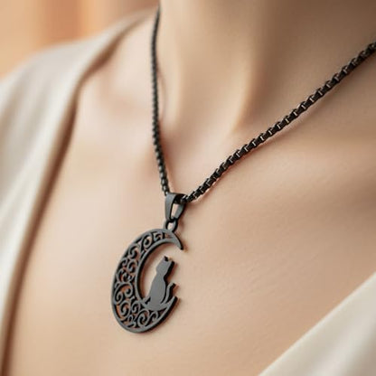 1" Stainless Steel Necklace Charms | Third Eye Vision | Peace Symbol | Finding Your Self | Yin & Yang | Moon Cat | Turtle Power | Flower of Life | | OM | Mystical Spiritual Protection, for Men & Women - style: Moon Cat Black