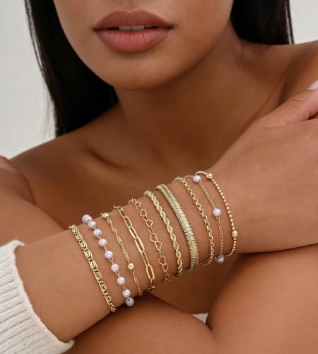 10 Pcs 14K Gold Plated Bracelet for Women, Dainty Stackable Chain Set - color: Gold-pearl