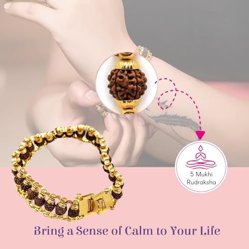 LOVENSPIRE Gold-plated 5 Face Original rudraksha beads Bracelet for Men – Panchmukhi Spiritual Wrist jewelry for Meditation & positive Energy - color: Gold Royal
