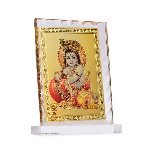 DHRUVS COLLECTION Gold Baal Gopal, Makhanchor Idol Acrylic Diamond Cut Photo Frame Stand for Home Decor, Car Dashboard, Office Table, Pooja, Temple, Workplace, Housewarming Gift (10.5 x 8 Centimeters) - color: Makhanchor