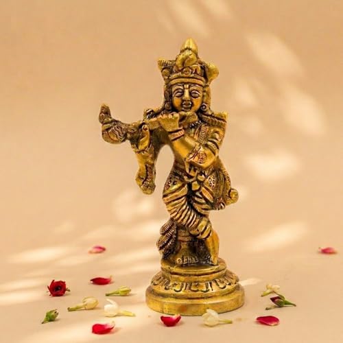 Servdharm Krishna Statue Brass 4" | Krishna Idol for Home Decor, Office Desk, Puja and Gifting (9.5 oz)
