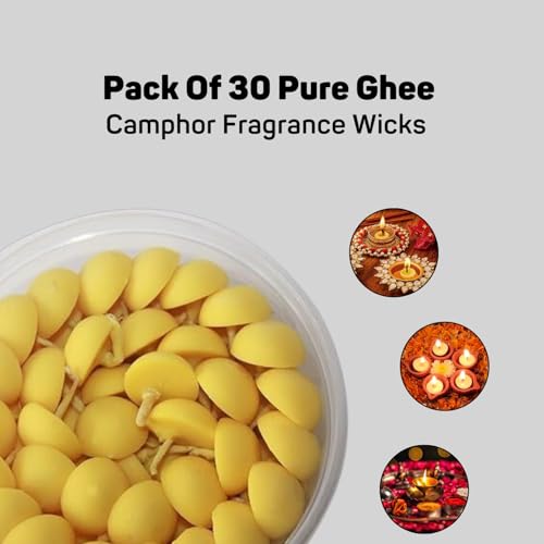 NAMASTEY Pure Ghee Camphor Fragrance Wicks – Pack of 30 Pure Ghee Wicks for Puja | Ready-to-Use Diya Batti | Wax-Free Cotton Wicks | 30-Min Burn Time | Ideal for Pooja, Diwali, and Housewarming Gifts
