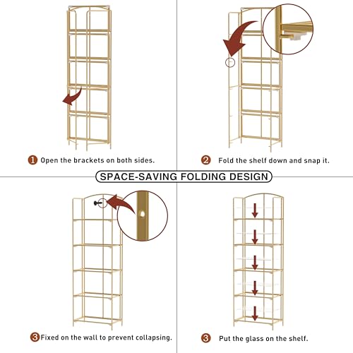 Crofy 5-Tier Foldable Bookshelf, Gold Frame & Transparent Shelves - color: Gold Frame & Transparent Shelf, size: 5 Tier