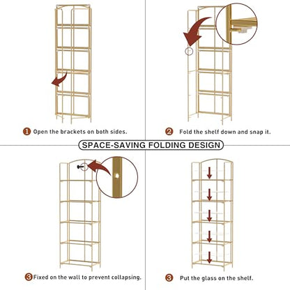 Crofy 5-Tier Foldable Bookshelf, Gold Frame & Transparent Shelves - color: Gold Frame & Transparent Shelf, size: 5 Tier