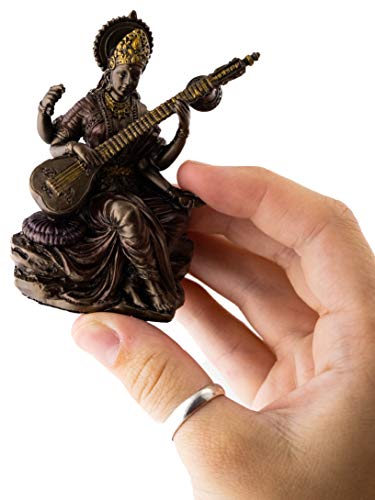 Top Collection Mini Saraswati Statue - Hindu Goddess of Knowledge, Music, Arts, and Wisdom Sculpture in Premium Cold Cast Bronze - 3-Inch Collectible Figurine (Sm. Saraswati) - size: Sm. Saraswati