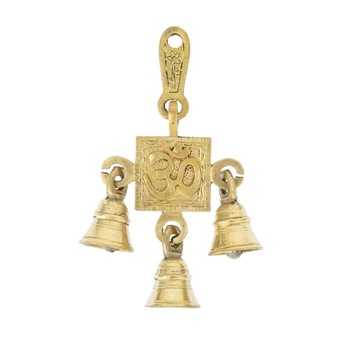 3 Bells Brass Decorative OM Hanging Hindu Statue for Home Temple Use Statue Idol Figure with Unique for Door Wall Home Indian Traditional Festival New year Gifts Decorations Housewarming(Size:-6"X3")