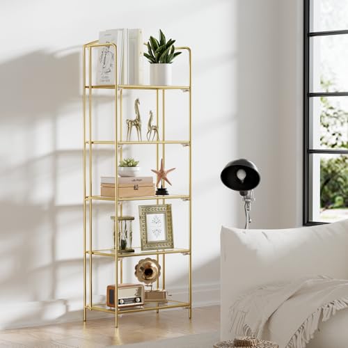Crofy 5-Tier Foldable Bookshelf, Gold Frame & Transparent Shelves - color: Gold Frame & Transparent Shelf, size: 5 Tier