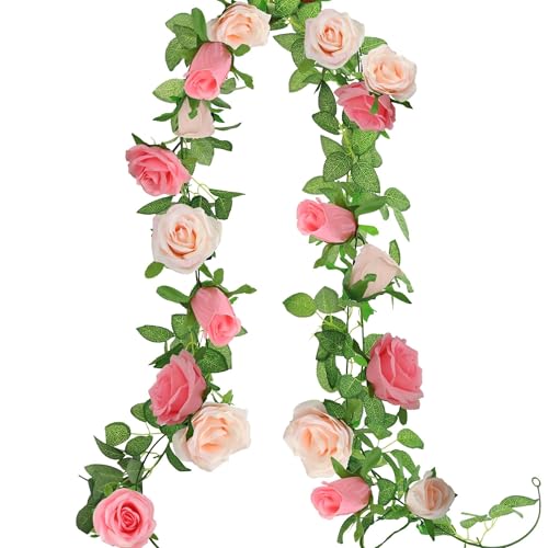 GREENTIME 2Pack 6.5FT Mixed Pink Artificial Rose Garland Fake Rose Vines - color: Peach Deep Pink