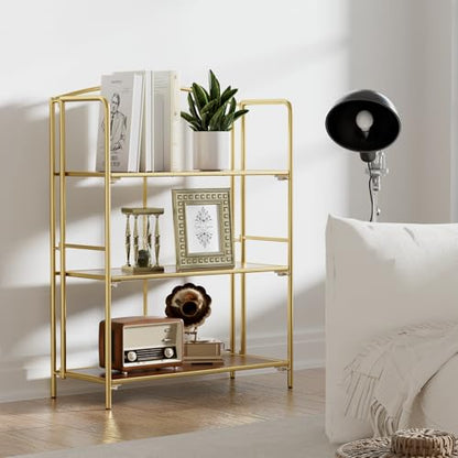 Crofy 3-Tier Wider Foldable Bookshelf, Gold Frame & Walnut Shelves - color: Gold Frame & Walnut Shelf, size: 3 Tier Wider