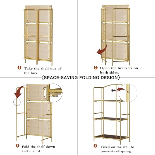 Crofy 3-Tier Foldable Bookshelf, Gold Frame & Walnut Shelves - color: Gold Frame & Walnut Shelf, size: 3 Tier