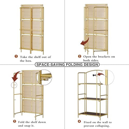 Crofy 3-Tier Foldable Bookshelf, Gold Frame & Walnut Shelves - color: Gold Frame & Walnut Shelf, size: 3 Tier