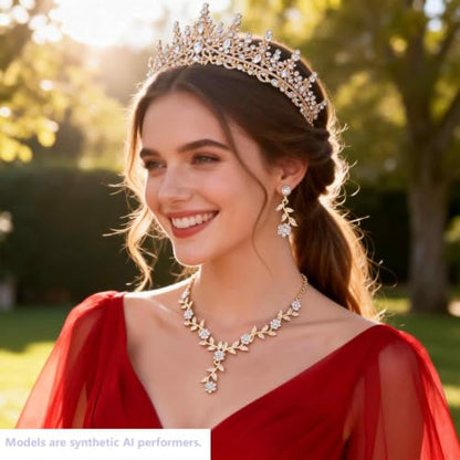Kamirola Tiaras and Crowns for Women,Tiaras Earrings Necklace, Crystal Bridal Jewelry Set (TR48) - color: Gold White