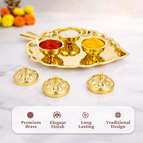 Spillbox Brass 3 Leaf Bowl Pooja Thali | Traditional Handcrafted Thali Holder with Lid for Mandir & Home | Roli, Chawal | Pooja Item Gift for Diwali, Navratri - 3 Leaf Bowl - Small