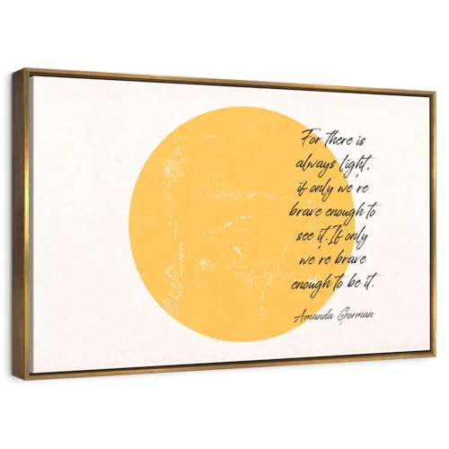 Elephant Stock - Brave Enough Amanda Gorman Wall Art - Horizontal Floating Framed Canvas - Living Room Wall Decor - Digital Art Inspirational And Typography Framed Canvas Art - White And Orange Decor - 25" x 17" - color: Floating Frame Gold, size: 24"L x