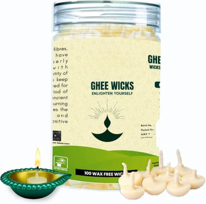 Pure Cow Ghee Wicks - Pack of 100 Pcs / Readymade Ghee Cotton Wicks/Diya Batti/puja Batti Home Decor (Plastic Box)